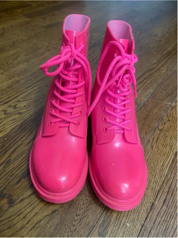 Wild Diva Lounge Combat Rain Boots Hot Pink Lace Up Waterproof Barbiecore 8 Y2K - Image 5