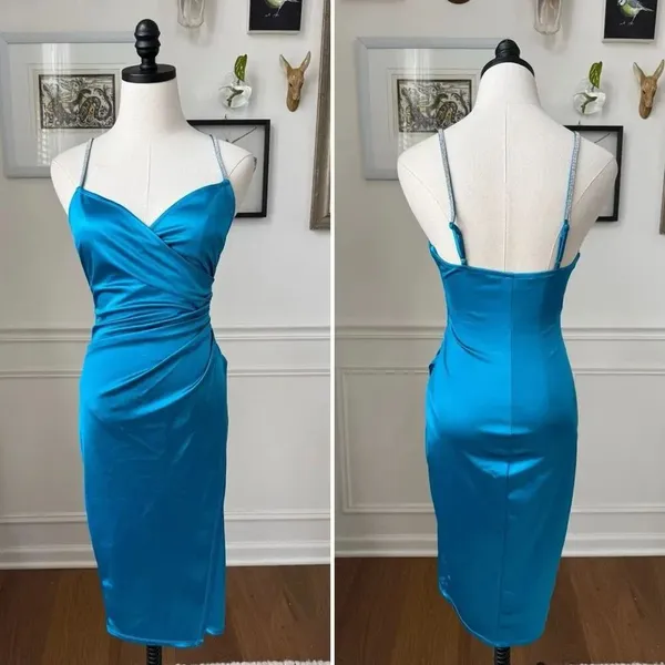 Camille La Vie Brilliant Blue Satin Ruched Cocktail Dress Rhinestone Straps M - Image 2