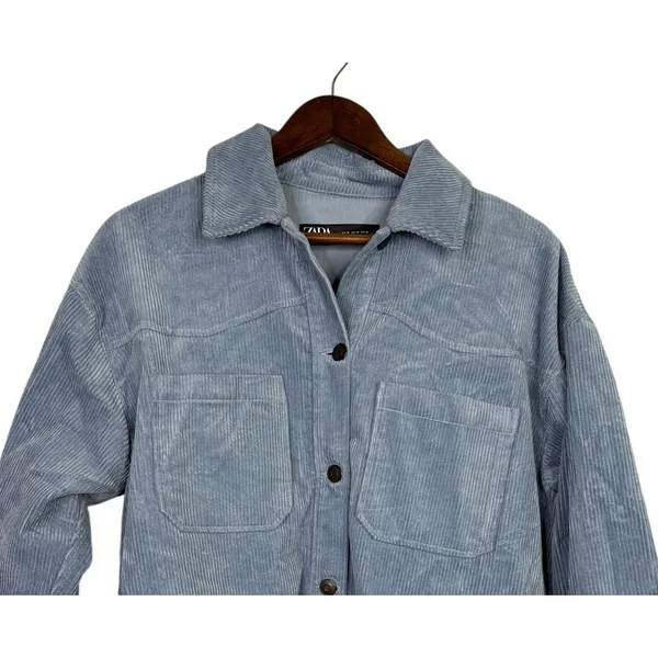 Zara Oversized Long Sleeve Corduroy Shacket Raw Hem Button Down Jacket M Blue - Image 3