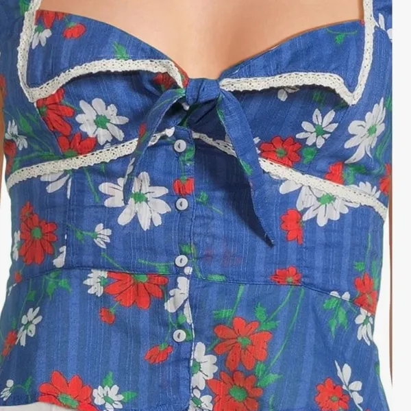 NEW Free People Call Me Baby Cap Sleeve Button-Up Shirt L BLUE QUARTZ - DAISY - Image 8