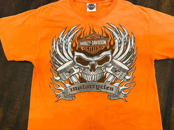Harley Davidson Shirt Mens Medium Orange Short Sleeve Graphic Tee Biker Skull - Image 2