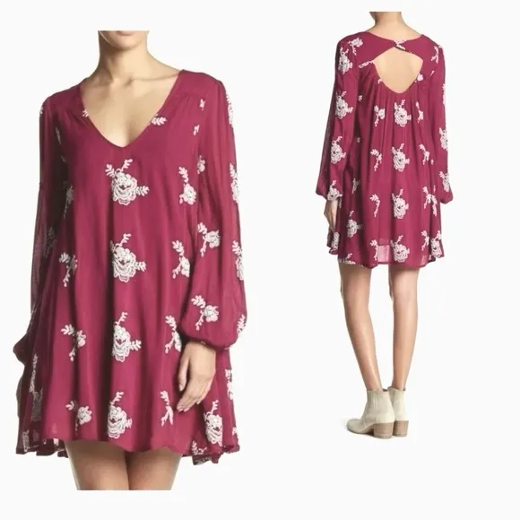 FREE PEOPLE Emma Embroidered Mini Swing Open Back Dress Boho in Magenta Size S - Image 2