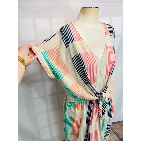Lou & Grey by Loft Short Sleeve Tie Front Striped V-Neck Mini Dress Size XL - Image 2