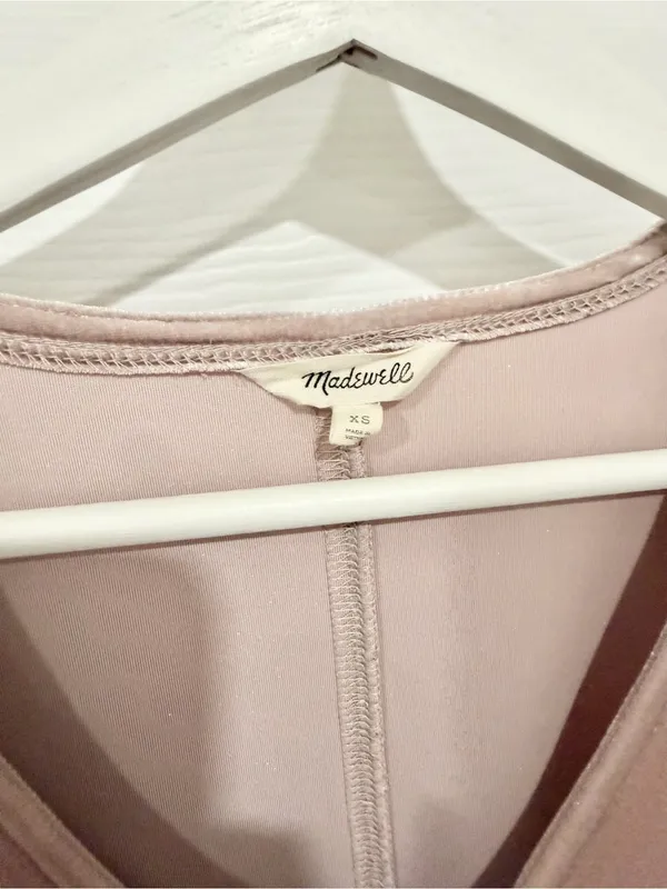 Madewell XS Dusty Rose Pink Velvet Mini Shift Dress V Neck Balloon Sleeve - Image 3
