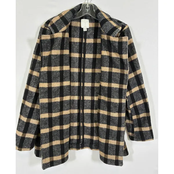 Joie Womens M Black Tan Plaid Wool Blend Open Front Blazer Jacket - Image 4