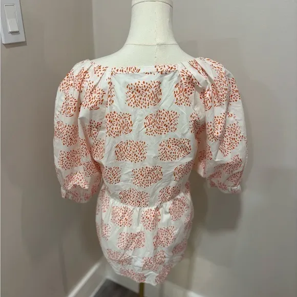 Anthropologie Moglea Orange White Abstract Print‎ Puff Sleeve Babydoll Top XS - Image 8