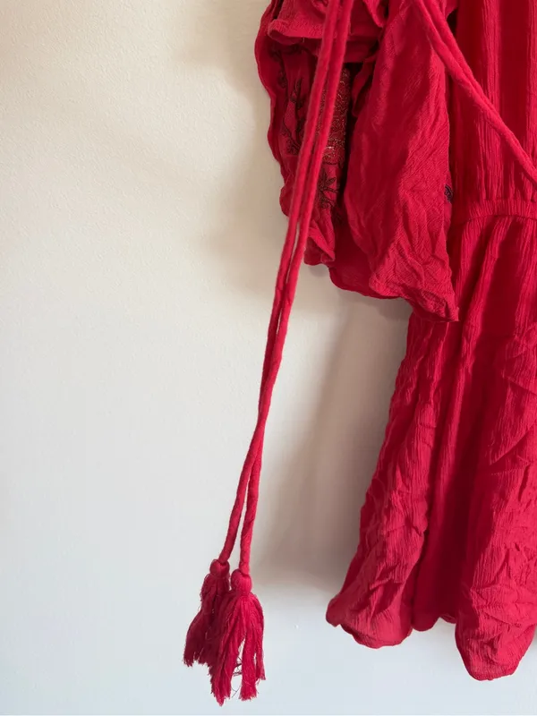 Free People Cora Embroidered Mini Dress Size Large Red Floral Boho Beach - Image 8