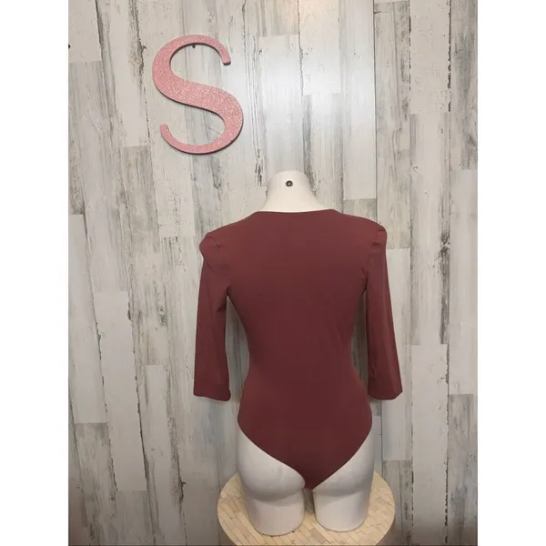 Rust Brown Deep V-Neck Long Sleeve Bodysuit – Size Small - Image 3