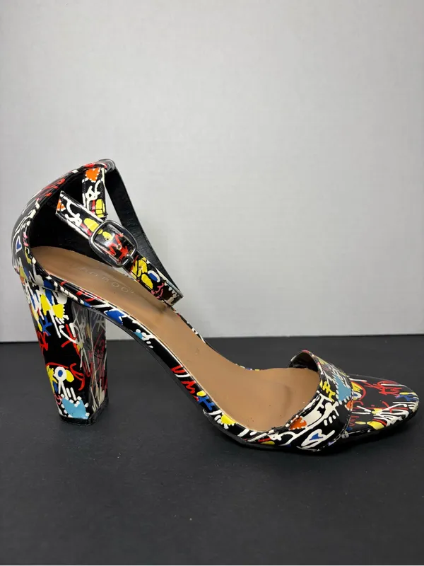 Block Heels BAMBOO Black Multi-Color Graffiti Ankle Strap Sandals - Image 3