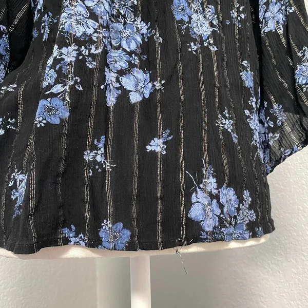 Maurices Black Blue Floral Stripes Print Quarter Sleeve Flowy Blouse Boho Rodeo - Image 3