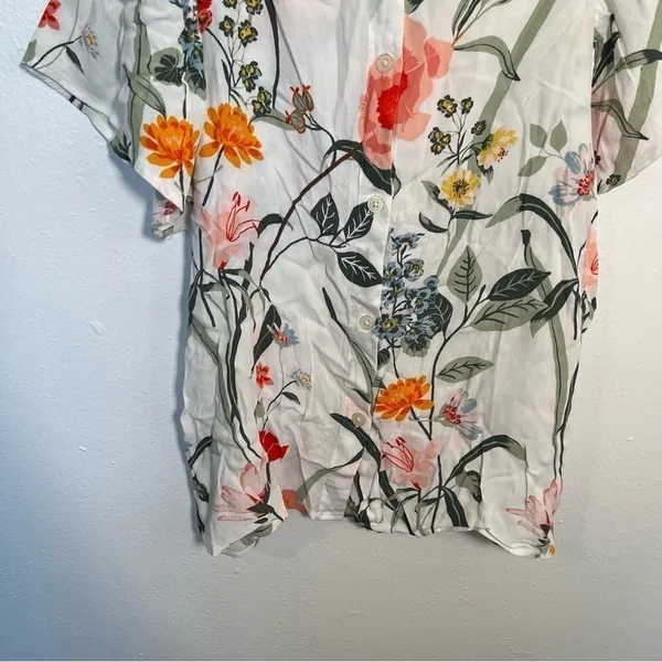 Loft Women's Size‎ Small Floral Button Back Blouse White Flutter Sleeve Flowy - Image 10