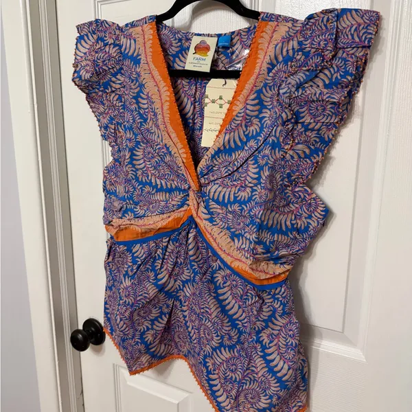 NWT Farm Rio Flutter-Sleeve V-Neck Top beaded with tropical‎ print large - Image 6