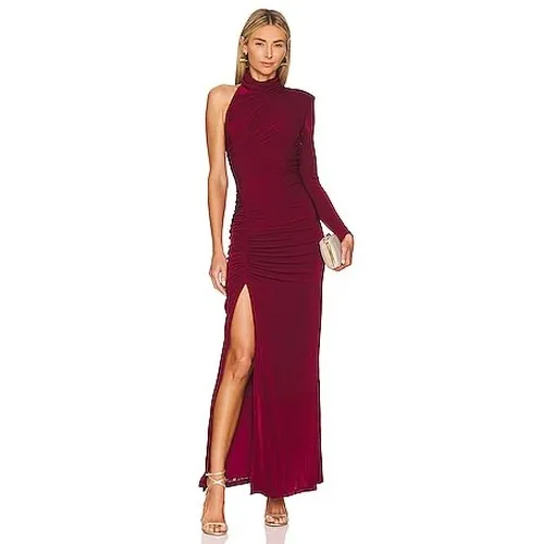 Misha Pauline Dress Wine Red One Shoulder Ruched Maxi Gown Long Sleeve - Image 2