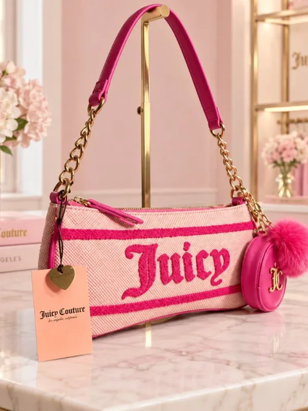 Juicy Couture Juicy Resort Pink Chenille Baguette Bag Coin Pouch NWT - Image 6