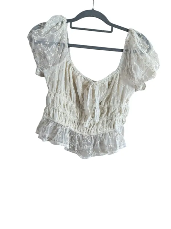 Japna Women's White Lace Puff Sleeve Crop Top M - Image 6