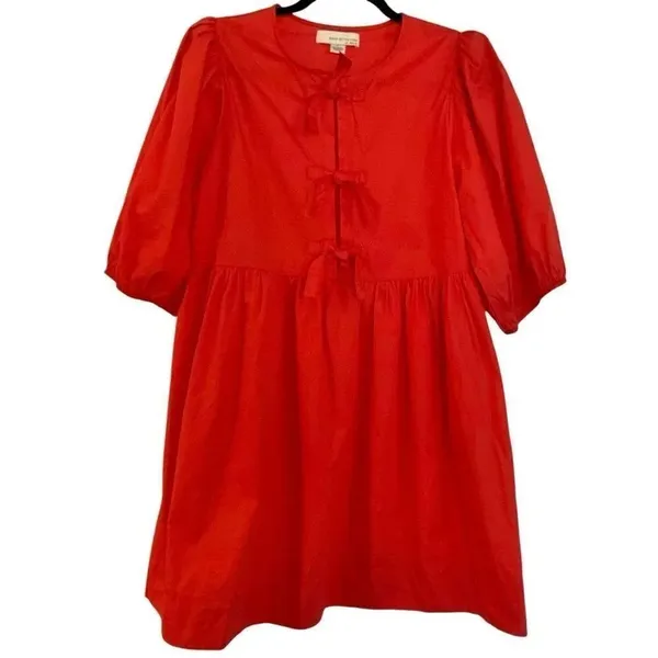 Band of the Free LA red cotton pocket dress puff sleeve tie bust M - Image 2