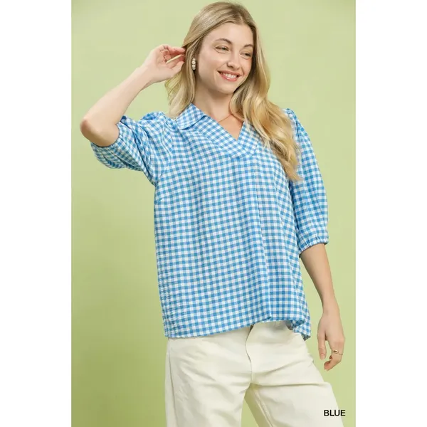 Umgee Gingham Puff Sleeve Collared Blouse - Blue -‎ Small - Image 2