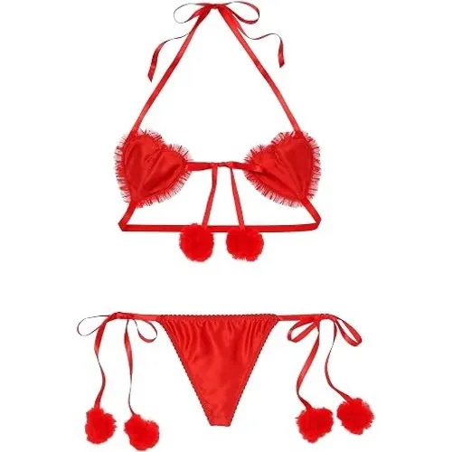 NWT Victoria's Secret Womens Red Satin Heartbreaker Pom Sexy Lingerie Set M-DD - Image 2