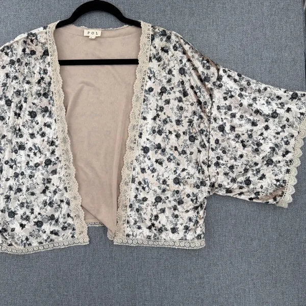 POL Velvet Floral Lace Kimono Cardigan Beige Black Large Whimsigoth Romantic - Image 4