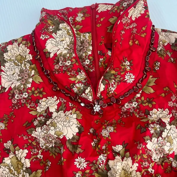 Tang Chao Red Floral Qipao Cheongsam Dress Cotton Mandarin Collar Size M - Image 10