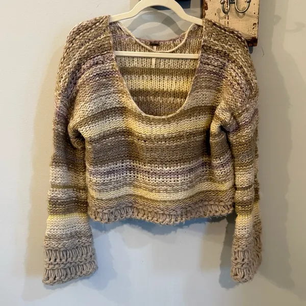 Free People Limbo Chunky Crochet Sweater in Neutral Multi Stripe - Image 2