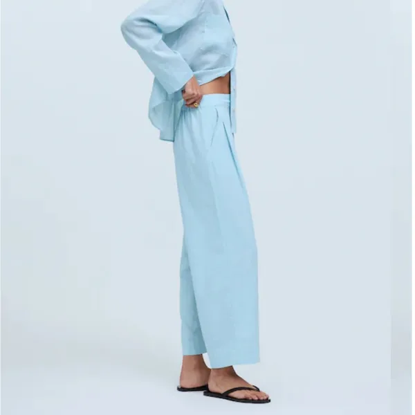 Madewell Pull-On Wide Straight Leg Crop Linen Pants‎ in Blue Heron Size 8 - Image 3
