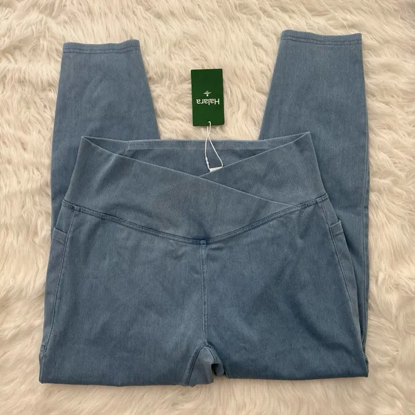 Halara Flex Crossover Pocket Denim Skinny Jeans Leggings Blue Denim Large 7/8 - Image 3