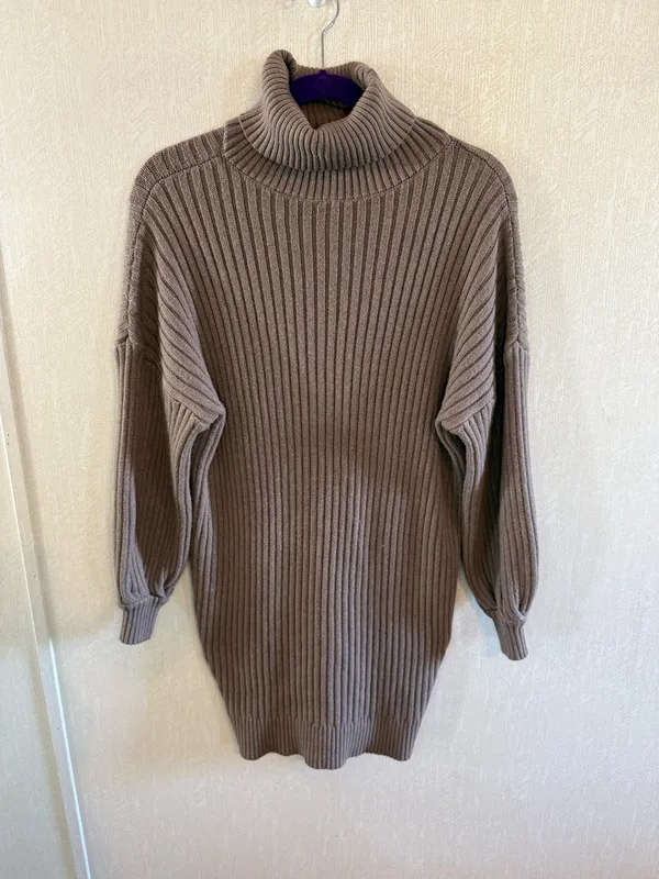Prinbara Brown Ribbed Oversized Turtleneck Sweater Dress S - Image 2
