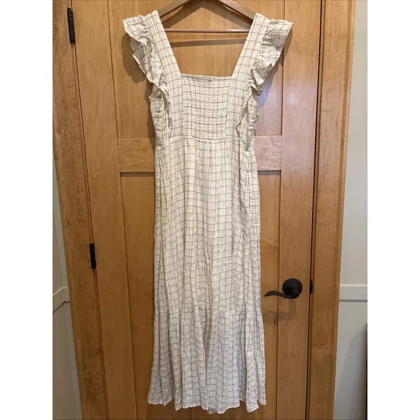 Evereve Mae Windowpane Smocked Plaid Ruffle Sleeve‎ Midi Women's Dress Medium - Image 4