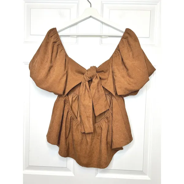 Aurelia‎ Parks Francesca's Peplum Top XL Brown Puff Sleeve Tie Back - Image 4