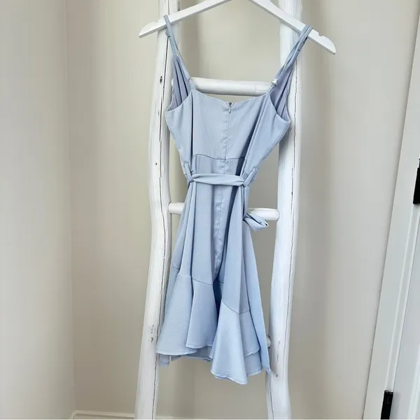 Rumor Light Blue Belted Flared Ruffle Bottom Mini Dress SZ Small - Image 2