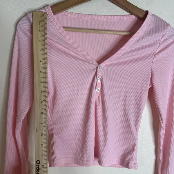 Ribbed Knit Lounge Set Womens Medium Pink Crop Top Shorts Button Stretch Casual - Image 9