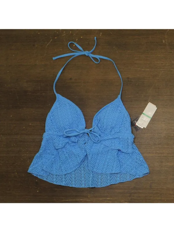 NWT Salt + Cove Crochet Ruffle-Trim Midkini Swim Top SC25089TT Capri Blue L - Image 4