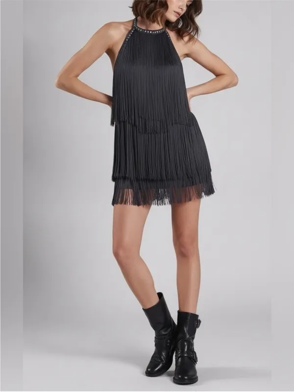 JADED LONDON Vadra Backless Fringe Mini Dress, Charcoal Grey, 4(US) - Image 5