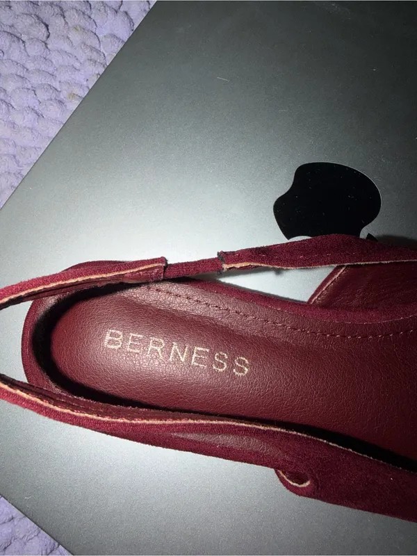 Berness Claudean Pointed Toe Slingback Flats in rich burgundy red suede finish - Image 7