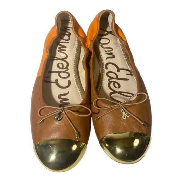 Sam Edelman Fairleigh Ballet Flats Orange Brown Gold Cap Toe Leather 9M - Image 7