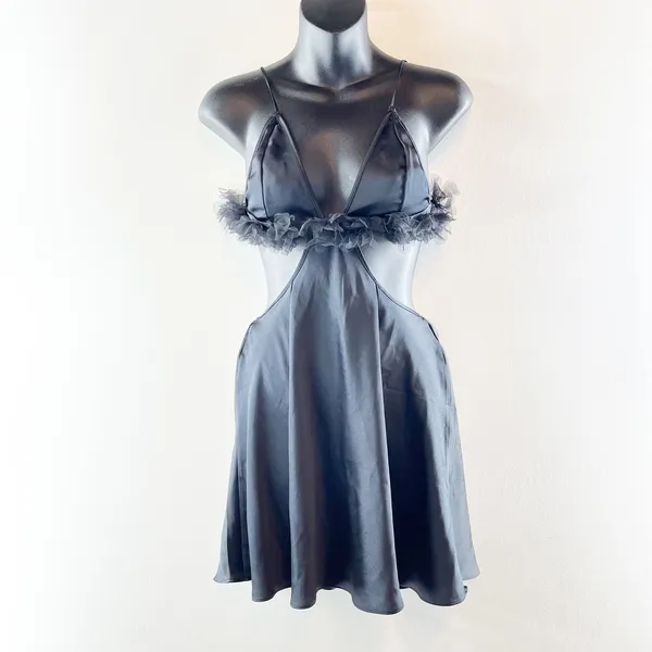 For Love & Lemons Satin Tulle Trim Cutout Mini Slip Dress Black Medium - Image 3