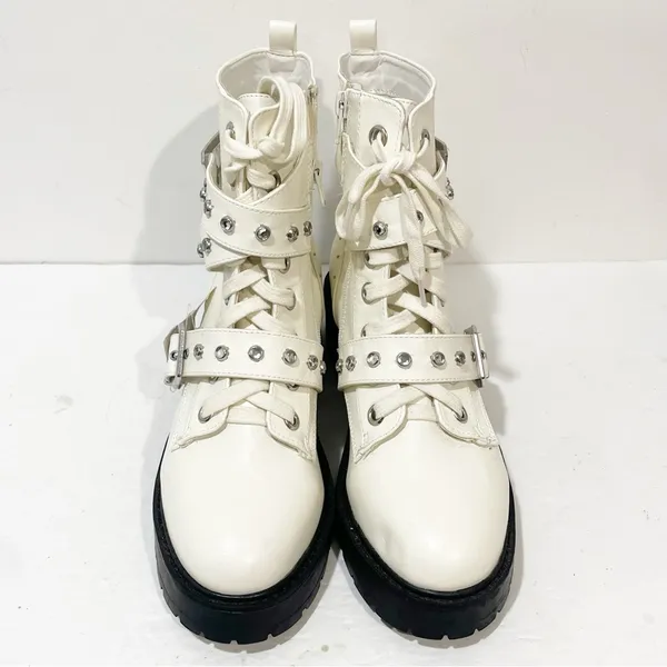 Xoxo‎ Boots Womens 8.5 White Silver Gregor Moto Ankle Lug Sole Studded Boot - Image 2