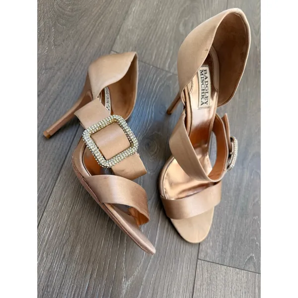 Badgley Mischka Rare Kiara‎ Golden Satin Bridal Wedding Shoes Leather Sole 8.5M - Image 4