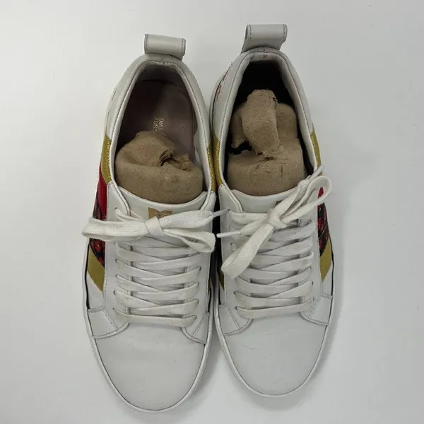 Diane Von Furstenberg Tess 9 Lace Up‎ Sneakers Gold & Red Stripe & Floral Design - Image 2