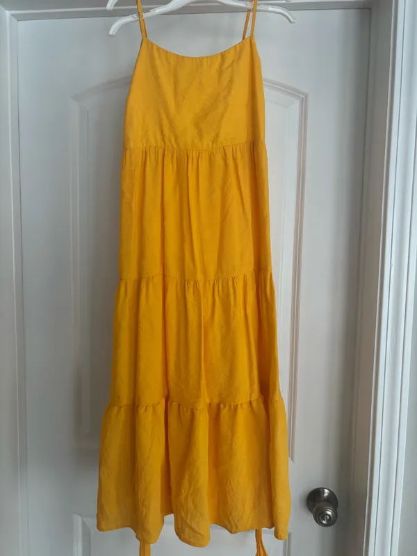 Lulus Golden Yellow Tiered Tie-Back Midi Dress - Image 3