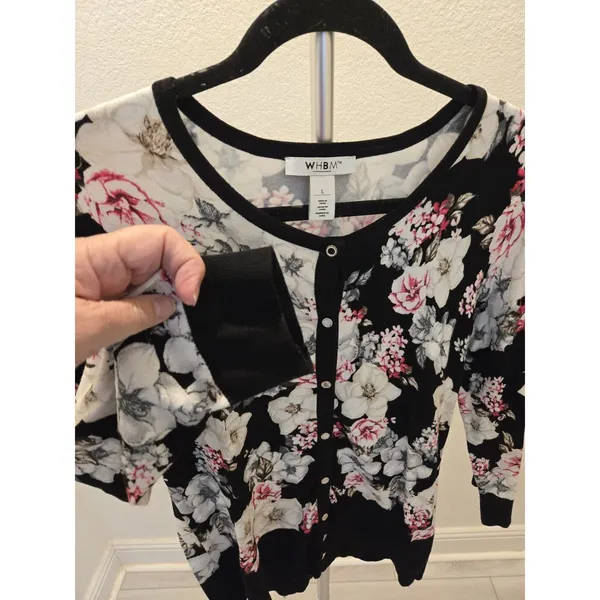 White House Black Market WHBM Floral Button Cardigan Sweater Black Pink Women L - Image 3