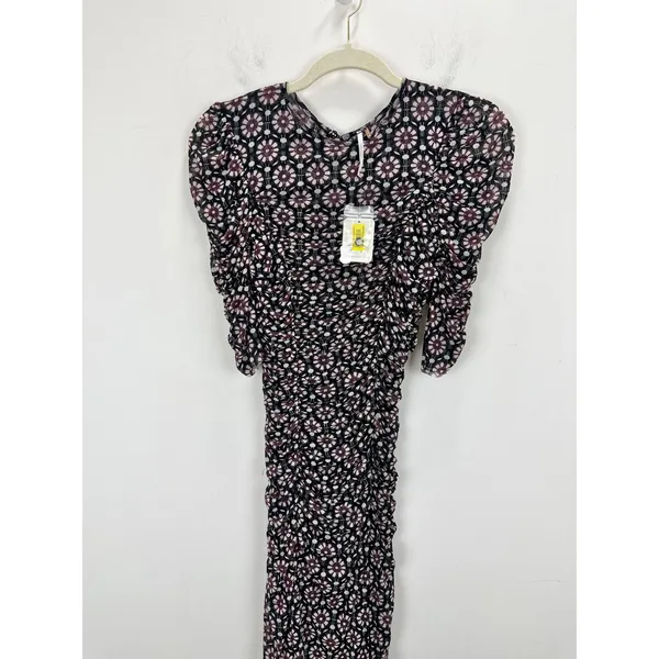 Free People Brielle Midi Dress Mesh Ruched Floral Side Slit Black Combo XS NWT - Image 5