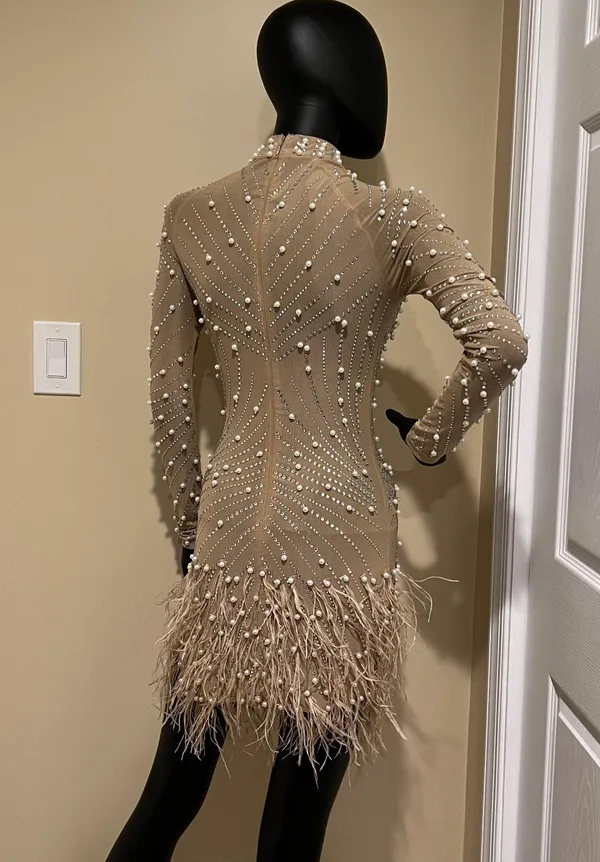 Rhinestones mini dress long sleeve pearl dress mock neck dress fringe feathers dress Sequin Dress - Image 5