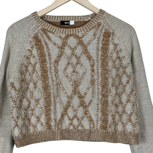 BDG Cable Knit Diamond Pattern Cropped Sweater Tan Cream Boho Cozy Size S - Image 3