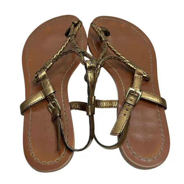 Lauren Ralph Lauren Metallic Bronze Braided Strappy Thong‎ Sandals Size 6B - Image 6