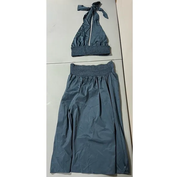 Blue Periwinkle Satin Silk Maxi Skirt and Halter Crop Top Matching Set Coords Size S 🩵✨ - Image 5