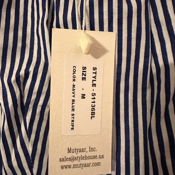 Sim & Sam‎ Navy Blue Striped Smocked Square Neck Puff Sleeve Top Blouse Preppy - Image 3