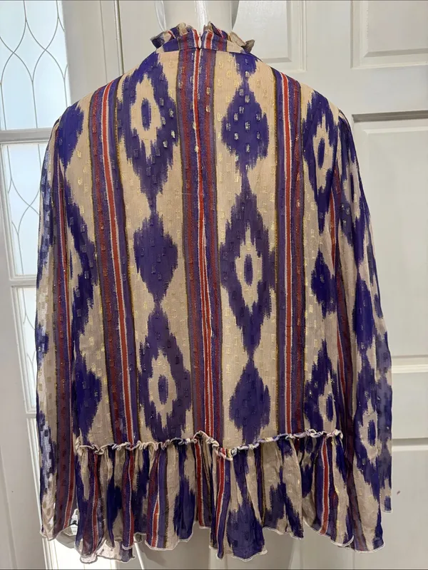 Oliphant Silk & Cotton Purple Ikat Ruffle Hem Long-Sleeve Top Size Large💜 - Image 11