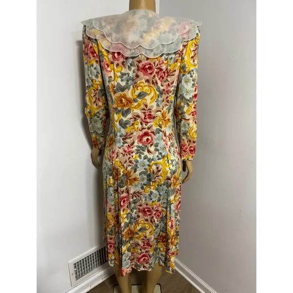 Leslie Fay Vintage Floral Midi Dress Petite 12 Scalloped Sheer Collar Rayon Pink - Image 5
